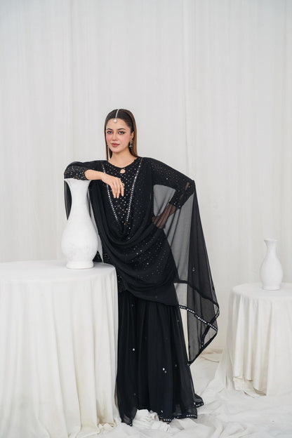Black Gulab – Embroidered Chiffon 3PC Gharara Set