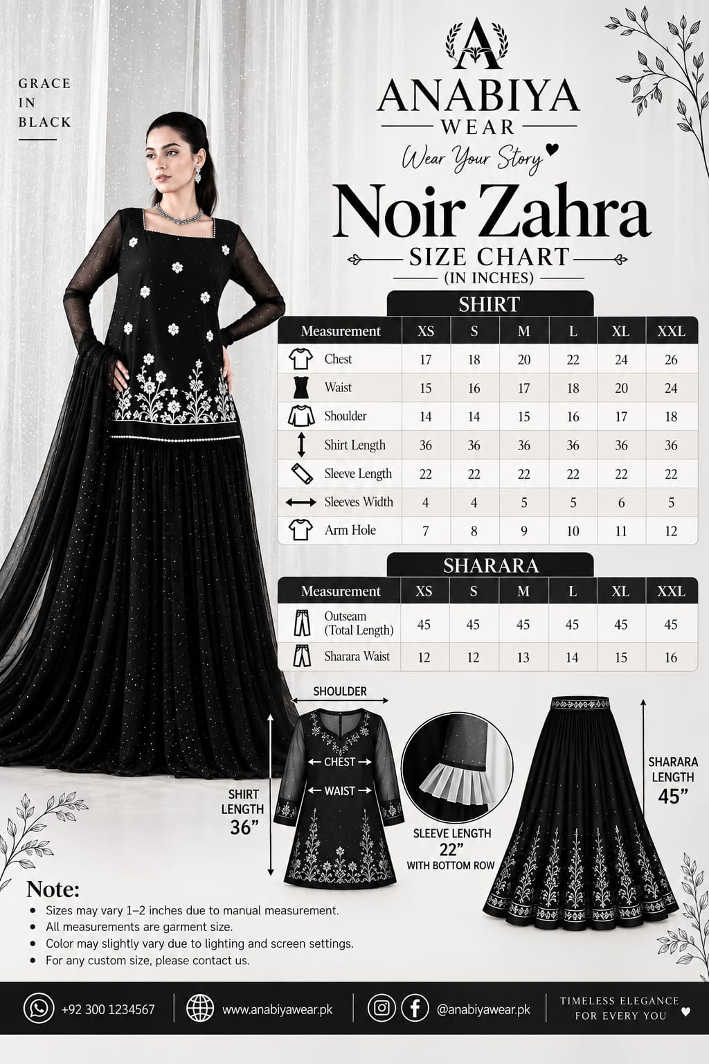 Noir Zahra chiffon sharara suit size chart with XS to XXL measurements