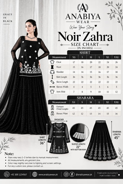 Noir Zahra chiffon sharara suit size chart with XS to XXL measurements
