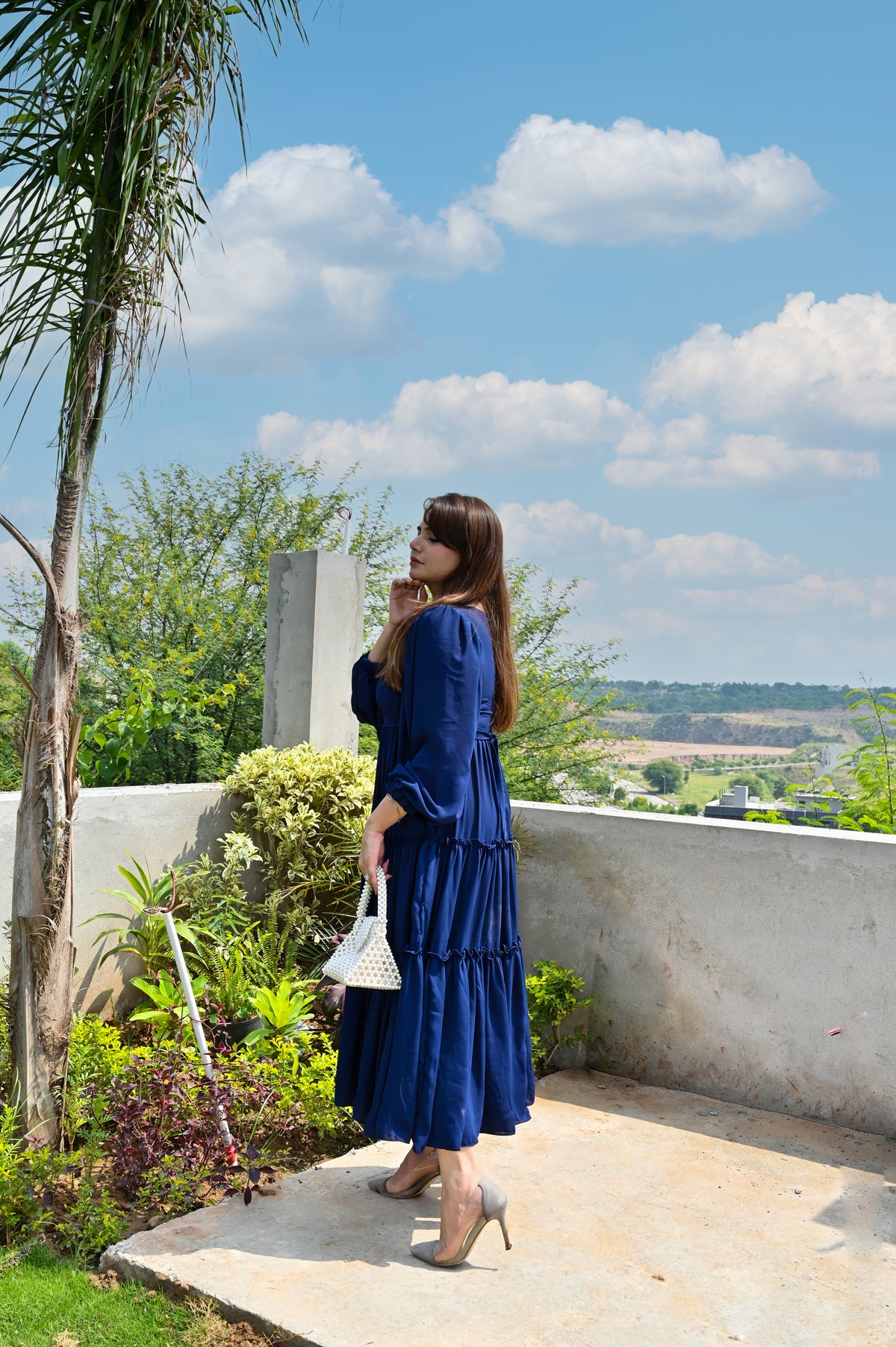 Ocean Muse navy georgette step frock with flowing tiered silhouette