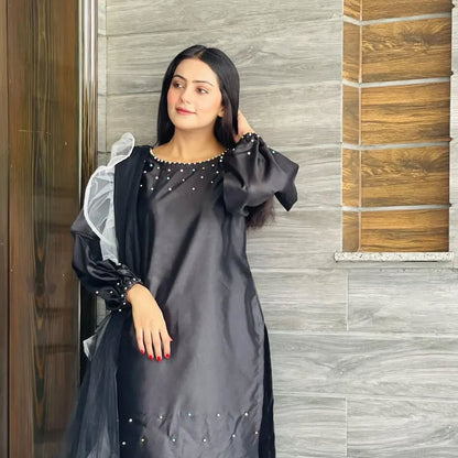 Pearl Black Katan silk capri set with pearl embellished shirt and ruffle organza dupatta by Anabiyawear