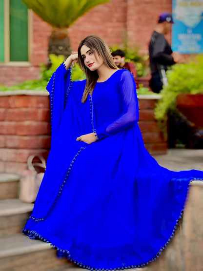 Anarkali Royal Blue Chiffon 2 Piece Frock with Bow Lace Detail