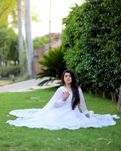 Anarkali White Chiffon Long Frock with Bow Lace Detail