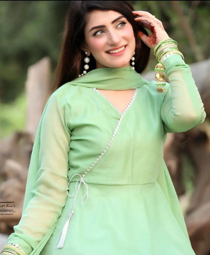 Angrakha Pista Pure Chiffon 3 Piece Frock Set with Plazo