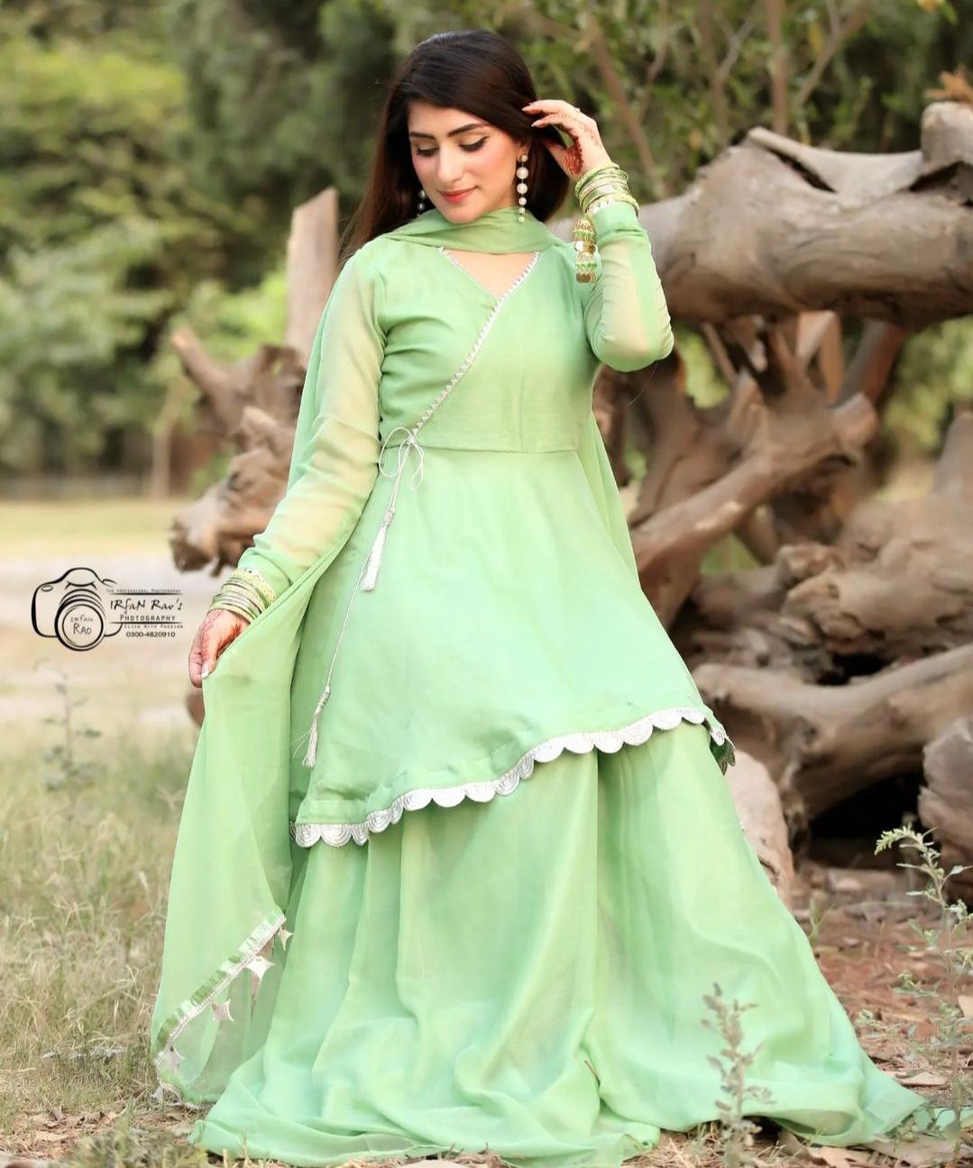 Angrakha Pista Pure Chiffon 3 Piece Frock Set with Plazo