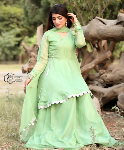 Angrakha Pista Pure Chiffon 3 Piece Frock Set with Plazo