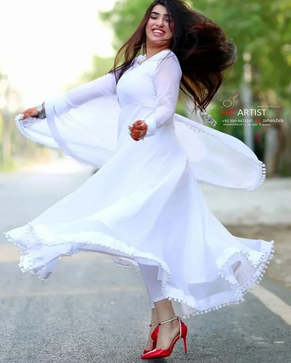 Anarkali White Chiffon Long Frock with Bow Lace Detail