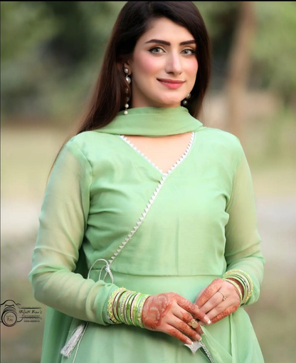 Angrakha Pista Pure Chiffon 3 Piece Frock Set with Plazo