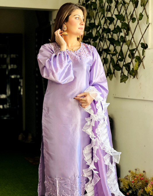 Pearl Lavender Kataan 3 Piece Capri Set with Organza Dupatta
