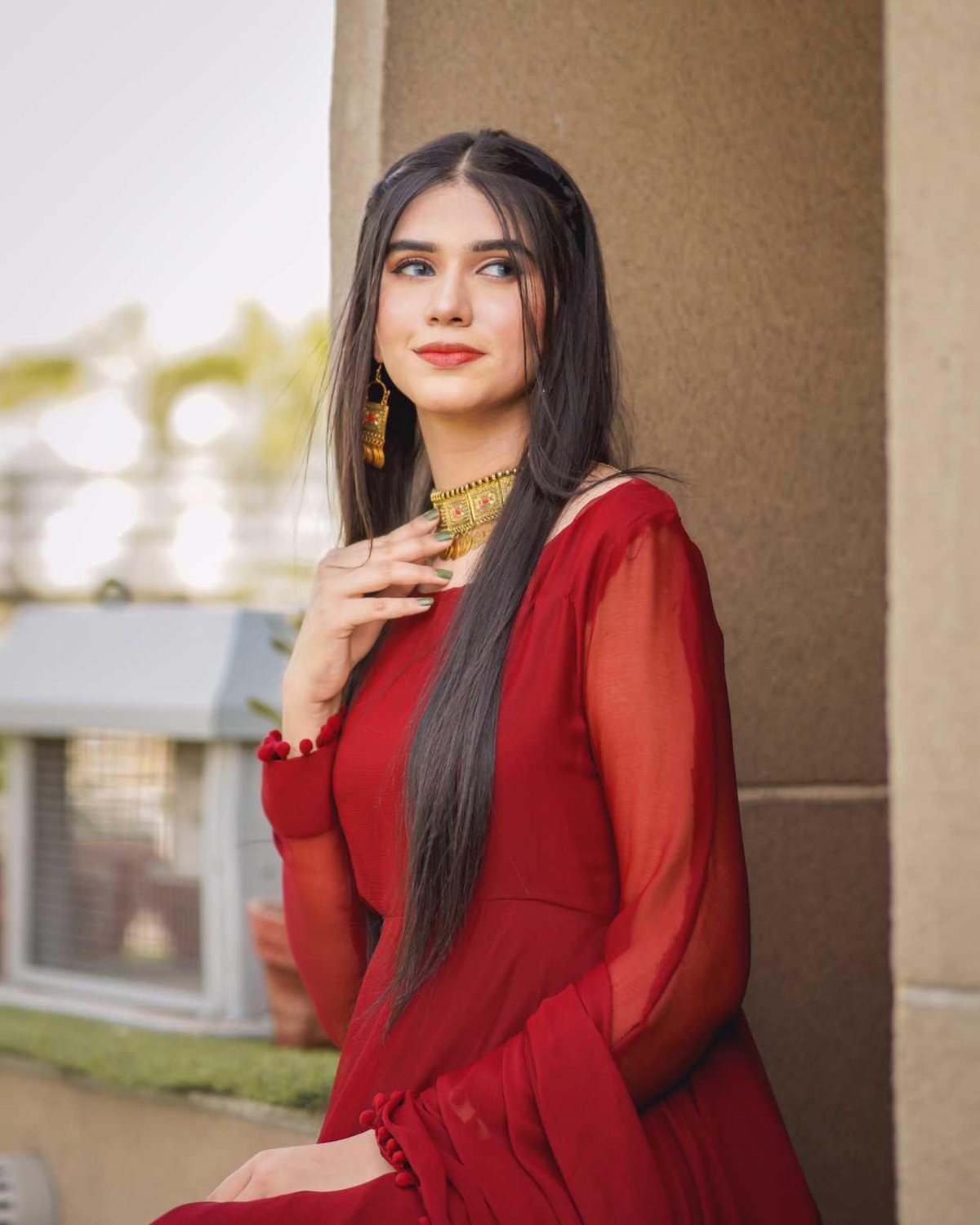 Anarkali Maroon Chiffon 2 Piece Frock with Bow Lace