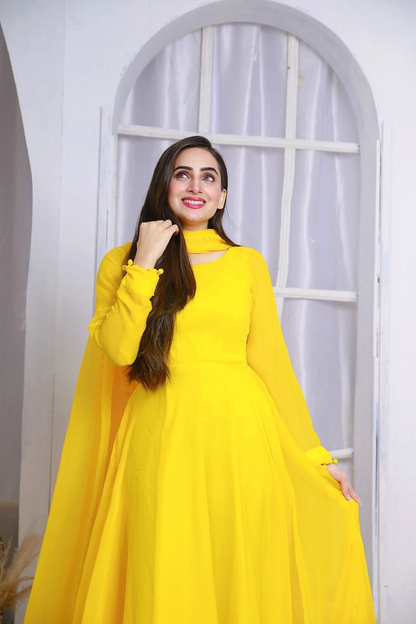 Anarkali Yellow Chiffon 2 Piece Frock with Bow Lace Detail