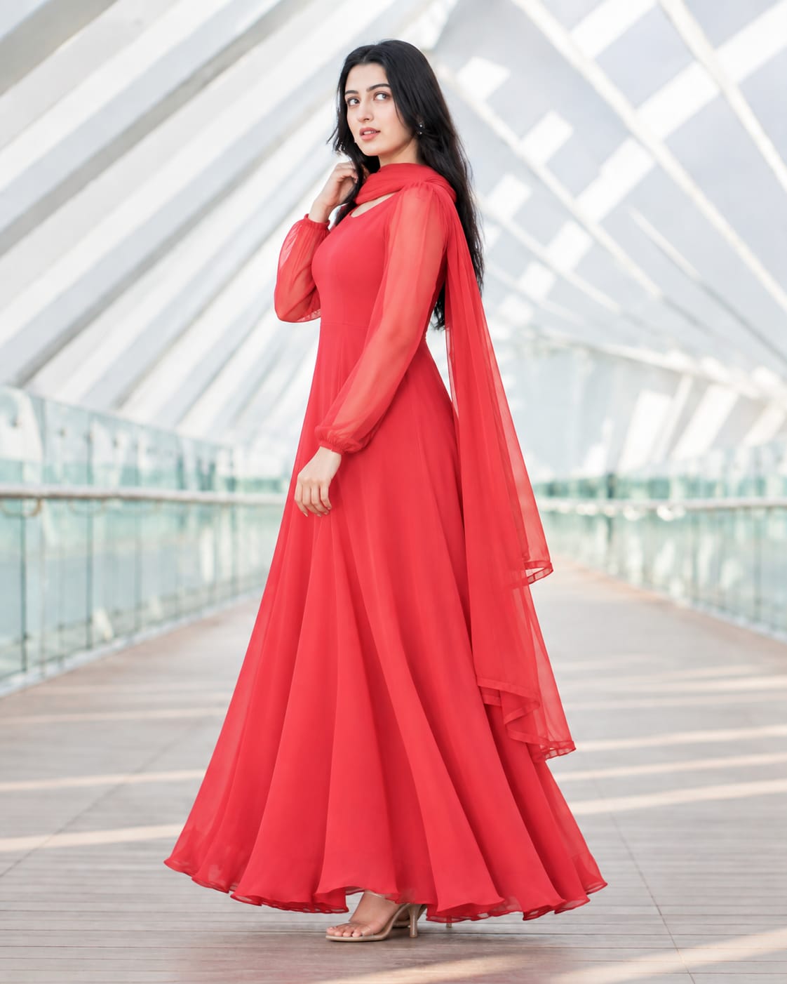 Charag Red Chiffon 2 Piece Frock with Katan Silk Lining