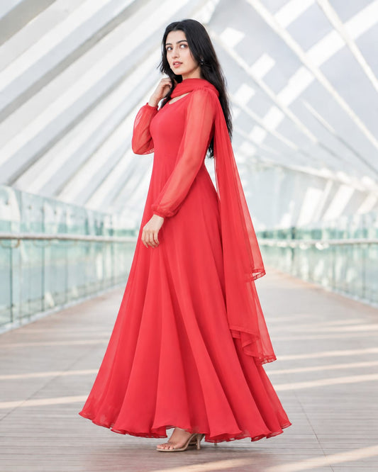 Charag Red Chiffon 2 Piece Frock with Katan Silk Lining