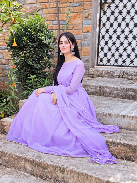 Raqs-e-Bismil lilac chiffon frock - standing pose