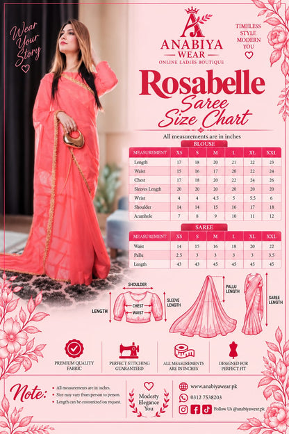 Rosabelle – Coral Pink Chiffon Saree with Golden Lace