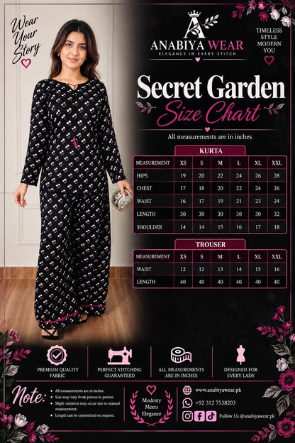 Secret Garden lawn 2 piece suit size chart with XS to XXL measurements