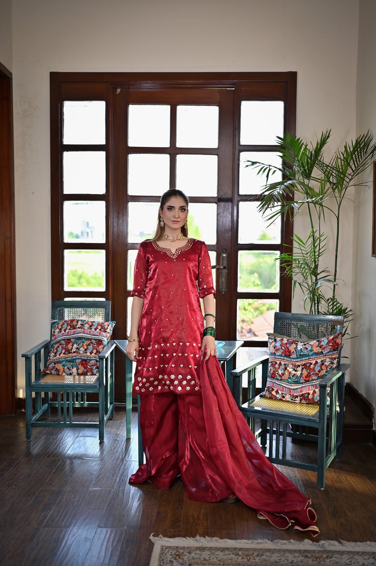 Shah Gul garnet Shesha silk 3 piece set featuring embellished shirt, flowing palazzo and matching dupatta
