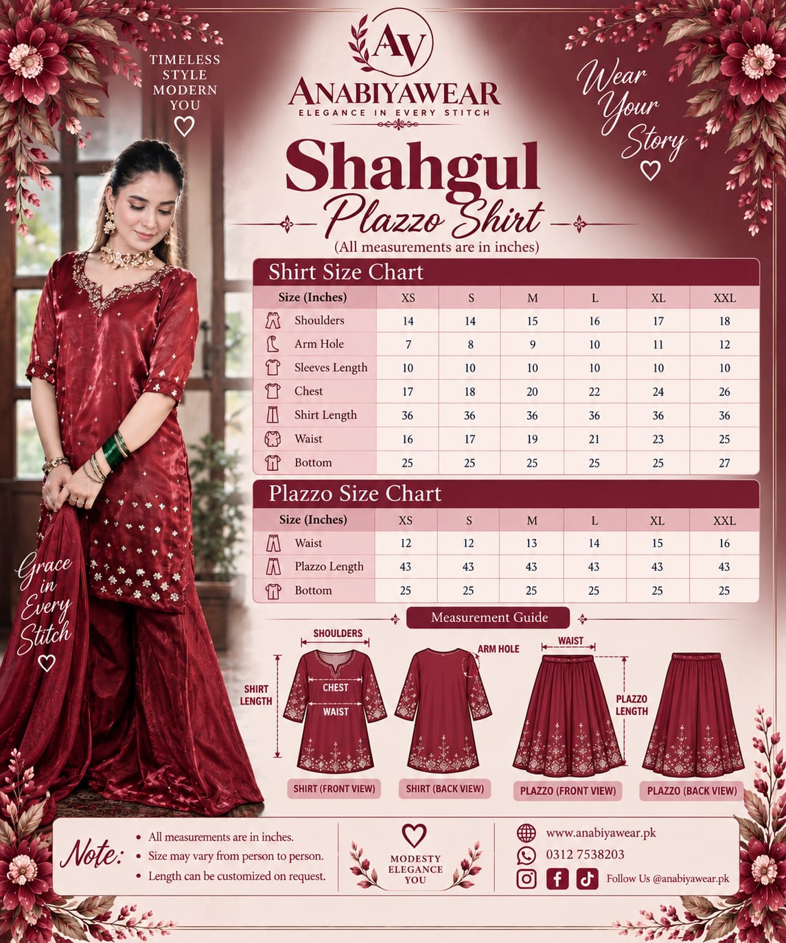 Shah Gul Shesha silk palazzo set shirt and palazzo size chart by Anabiyawear