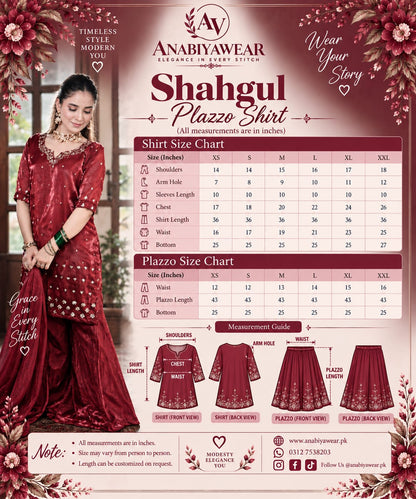 Shah Gul Shesha silk palazzo set shirt and palazzo size chart by Anabiyawear