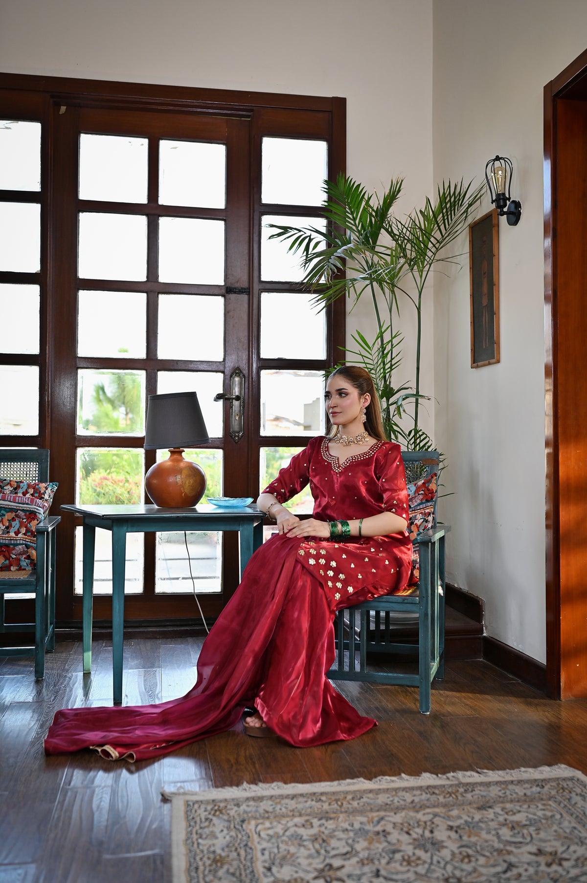 Shah Gul red Shesha silk 3 piece outfit with handmade adda work and matching palazzo