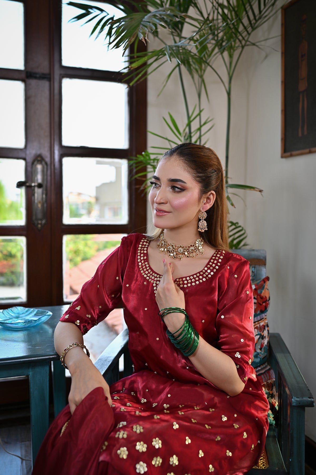 Shah Gul ruby Shesha silk shirt with handcrafted adda work and embellished neckline