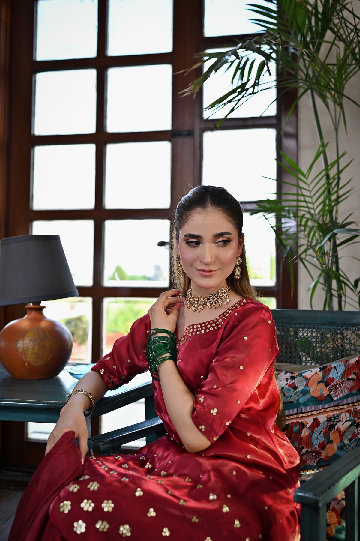 Shah Gul scarlet Shesha silk 3 piece ensemble with ornate adda work and palazzo