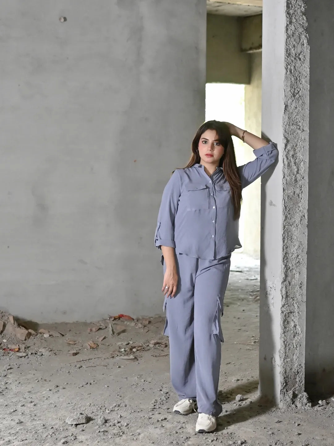 Soft Gray 2 Piece Co-ord Set – Shirt & Cargo Trouser