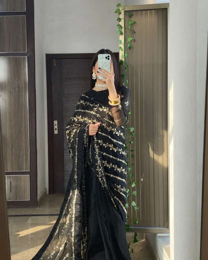 Andleep Black Organza Saree with Indian Tilla Embroidery