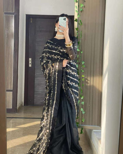 Andleep Black Organza Saree with Indian Tilla Embroidery