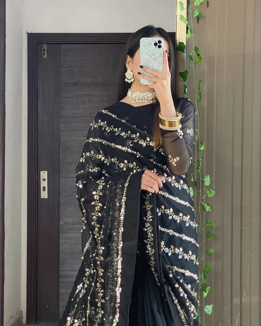 Andleep Black Organza Saree with Indian Tilla Embroidery