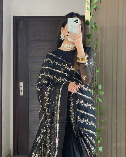 Andleep Black Organza Saree with Indian Tilla Embroidery