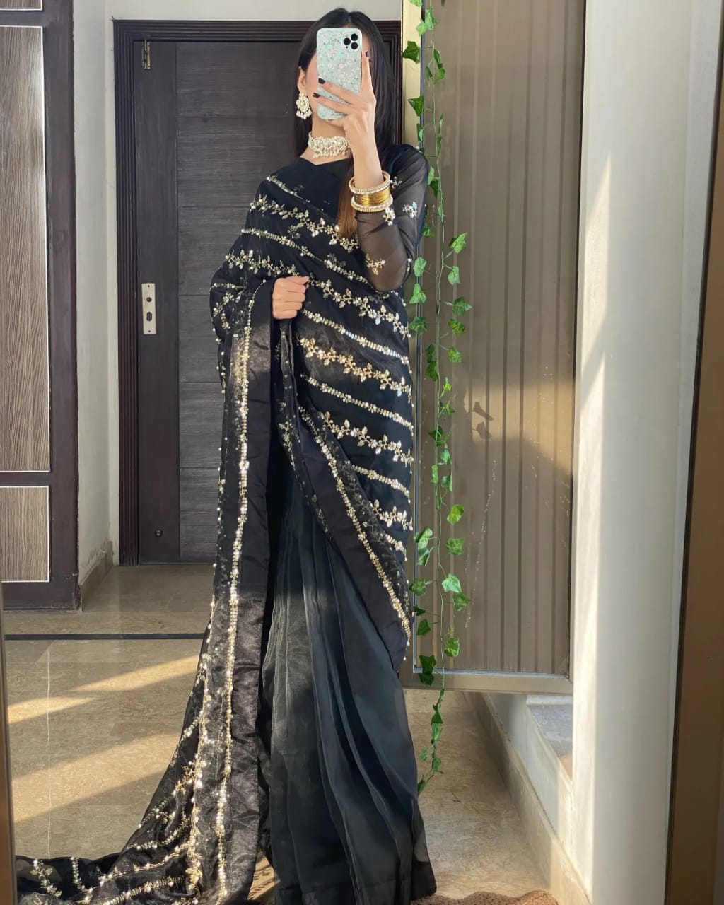 Andleep Black Organza Saree with Indian Tilla Embroidery