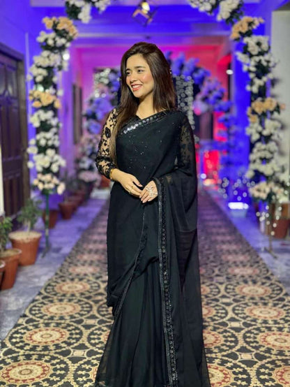 Alef Black Chiffon Saree with Embroidered Net Blouse