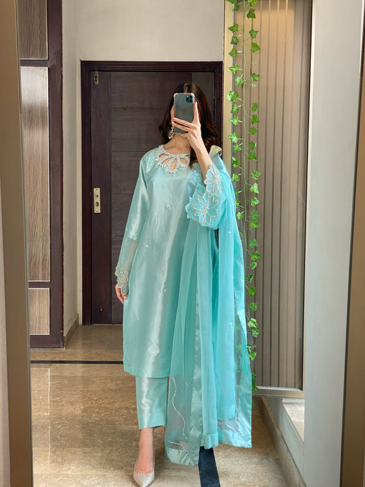 Bulbul Sea Blue Katan Silk 3 Piece