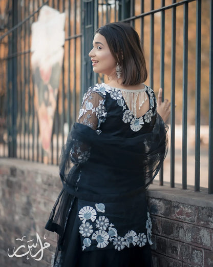 Horiya Black 3D Bareeza Net Dress
