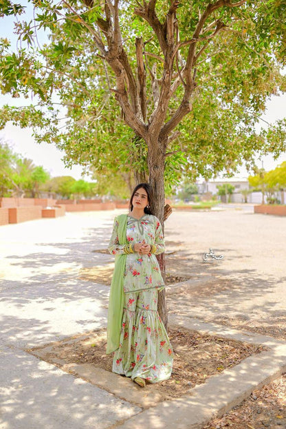 Gul Pista Printed Lawn Sharara Set