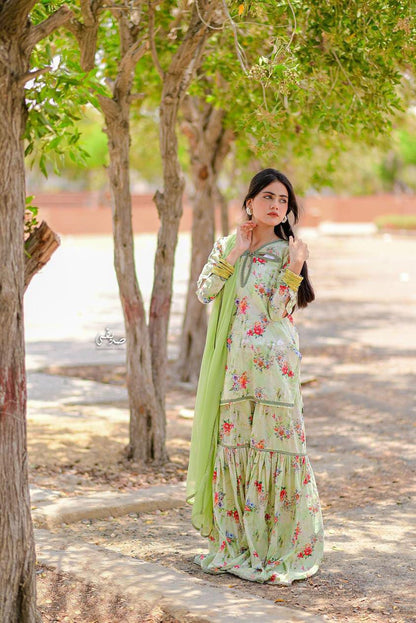 Gul Pista Printed Lawn Sharara Set