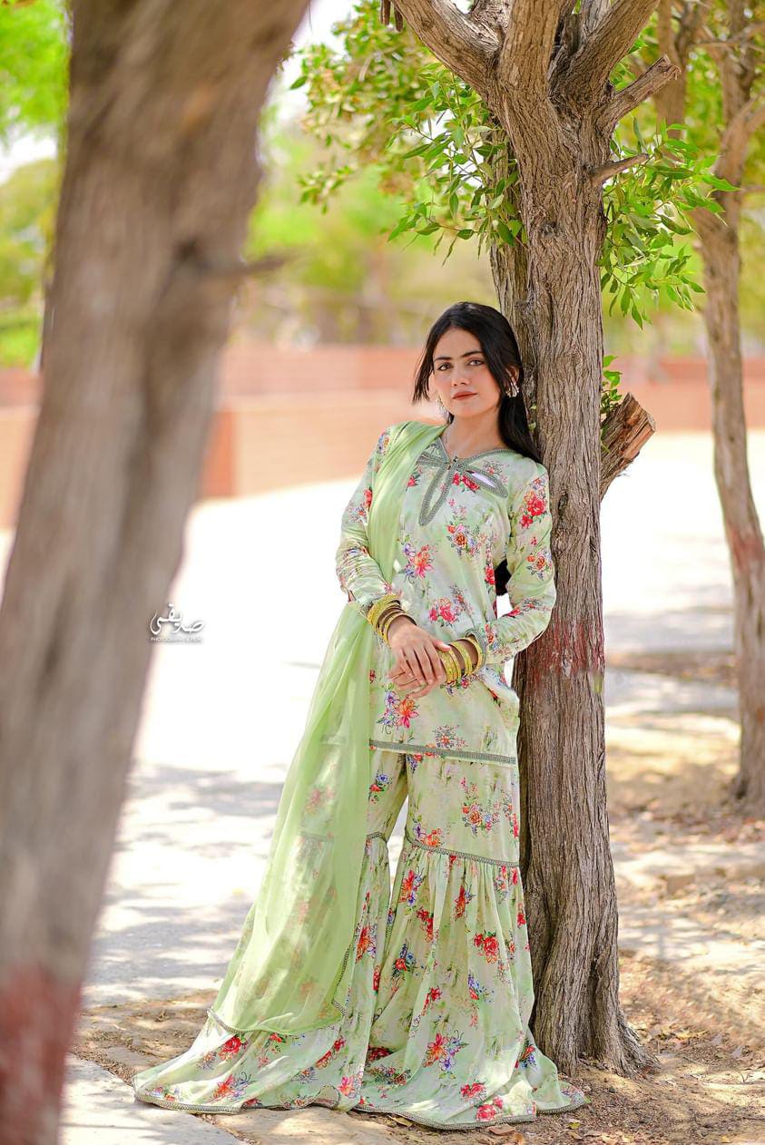 Gul Pista Printed Lawn Sharara Set