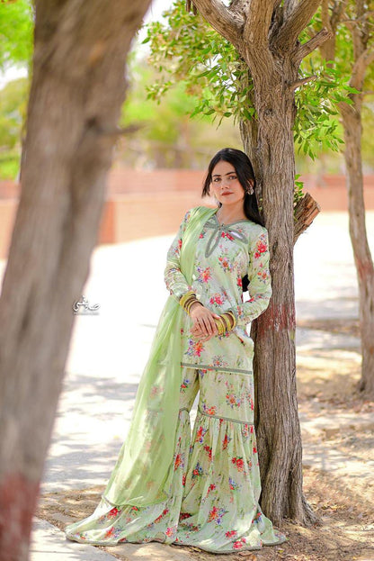 Gul Pista Printed Lawn Sharara Set