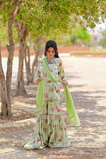 Gul Pista Printed Lawn Sharara Set