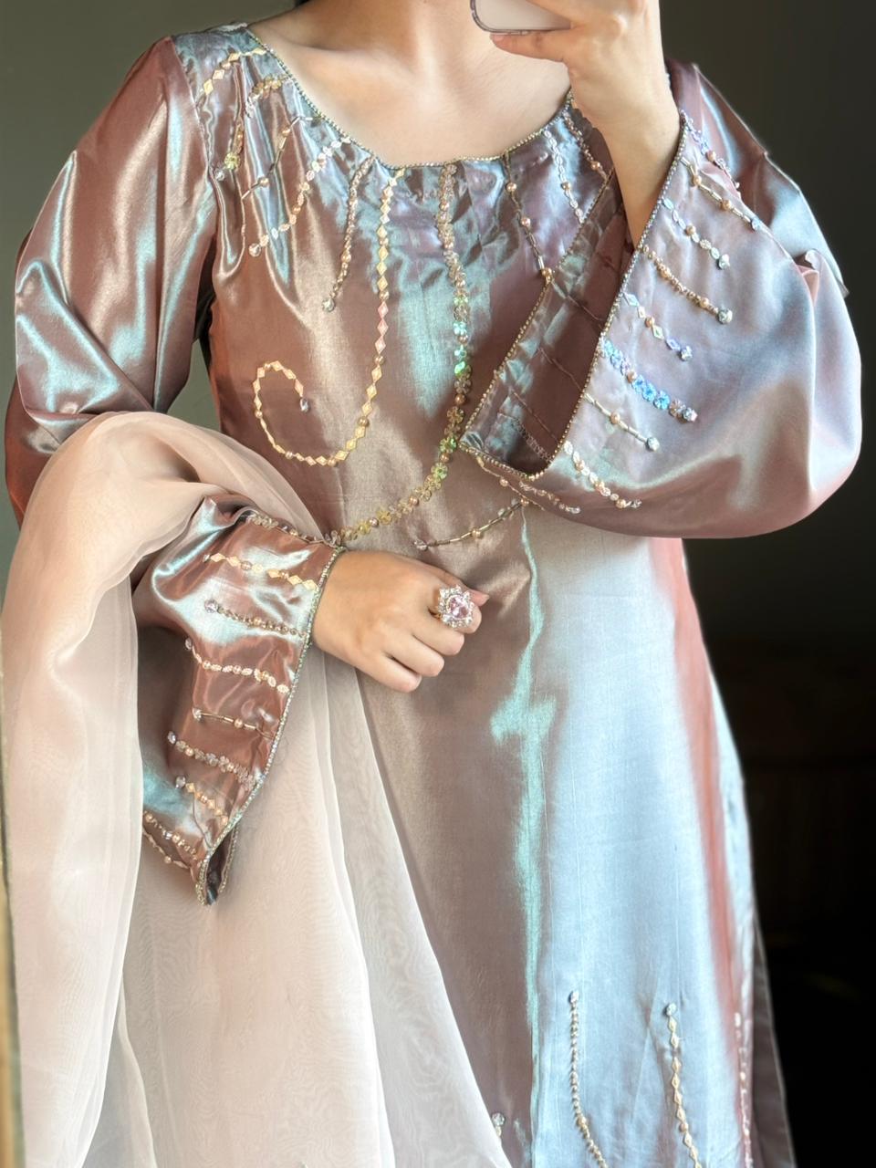 Rose Mist Kataan silk shirt with embellished sleeves and daman – view 3