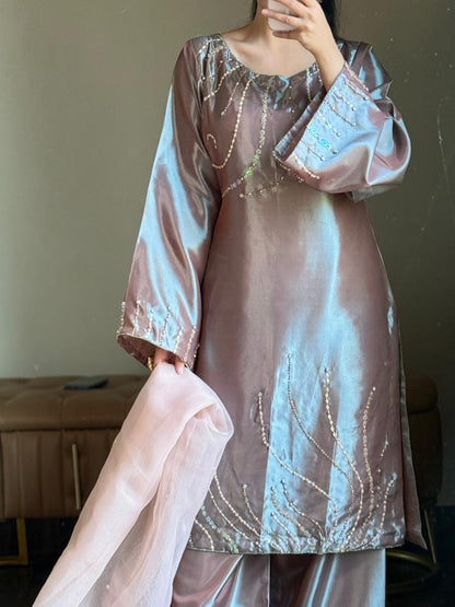 Rose Mist mauve suit with handmade cutdana, pearl and sequin work – view 2