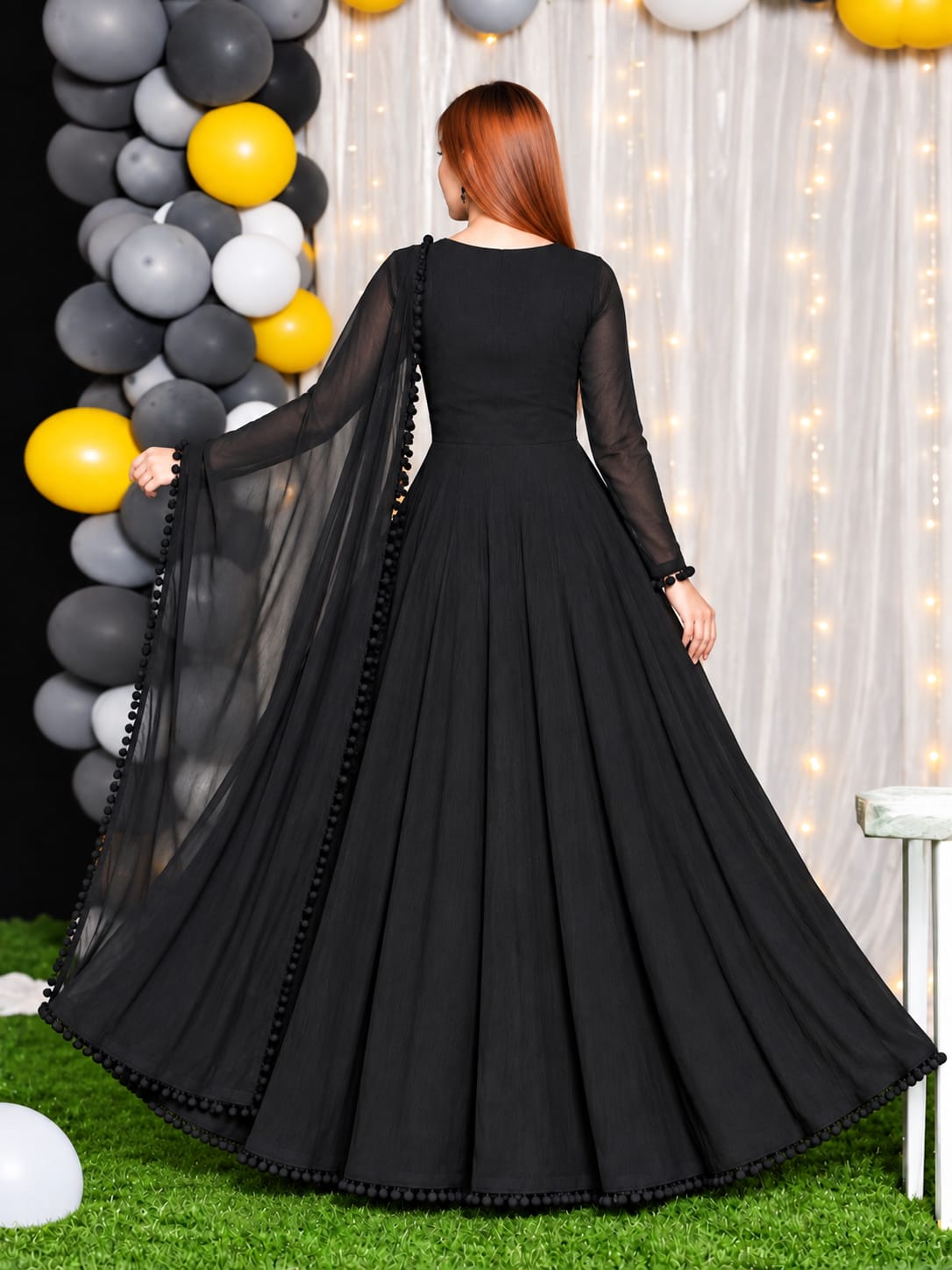 Anarkali black chiffon frock with bowl lace dupatta – view 3