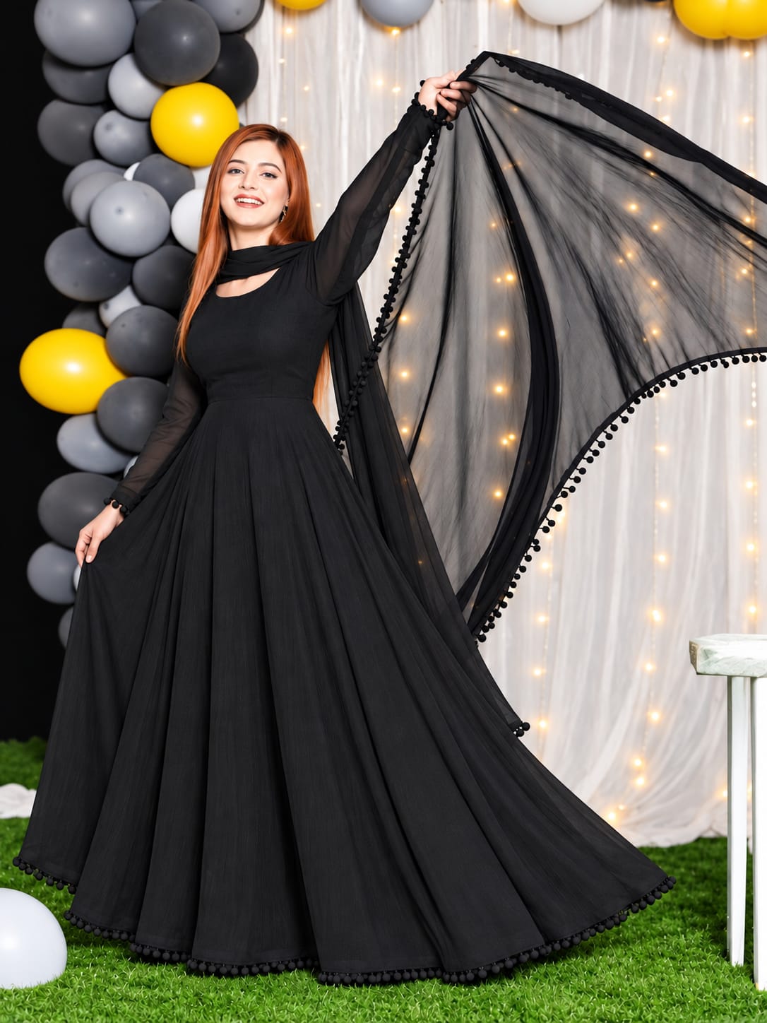 Anarkali black chiffon frock with bowl lace on flare and sleeves by Anabiyawear