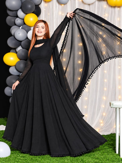 Anarkali black chiffon frock with bowl lace on flare and sleeves by Anabiyawear
