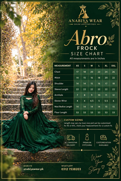 Abroo green chiffon frock size chart with XS to XXL measurements and fitting guide for the flared dress