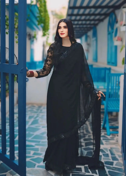 Alef Black Chiffon Saree with Embroidered Net Blouse