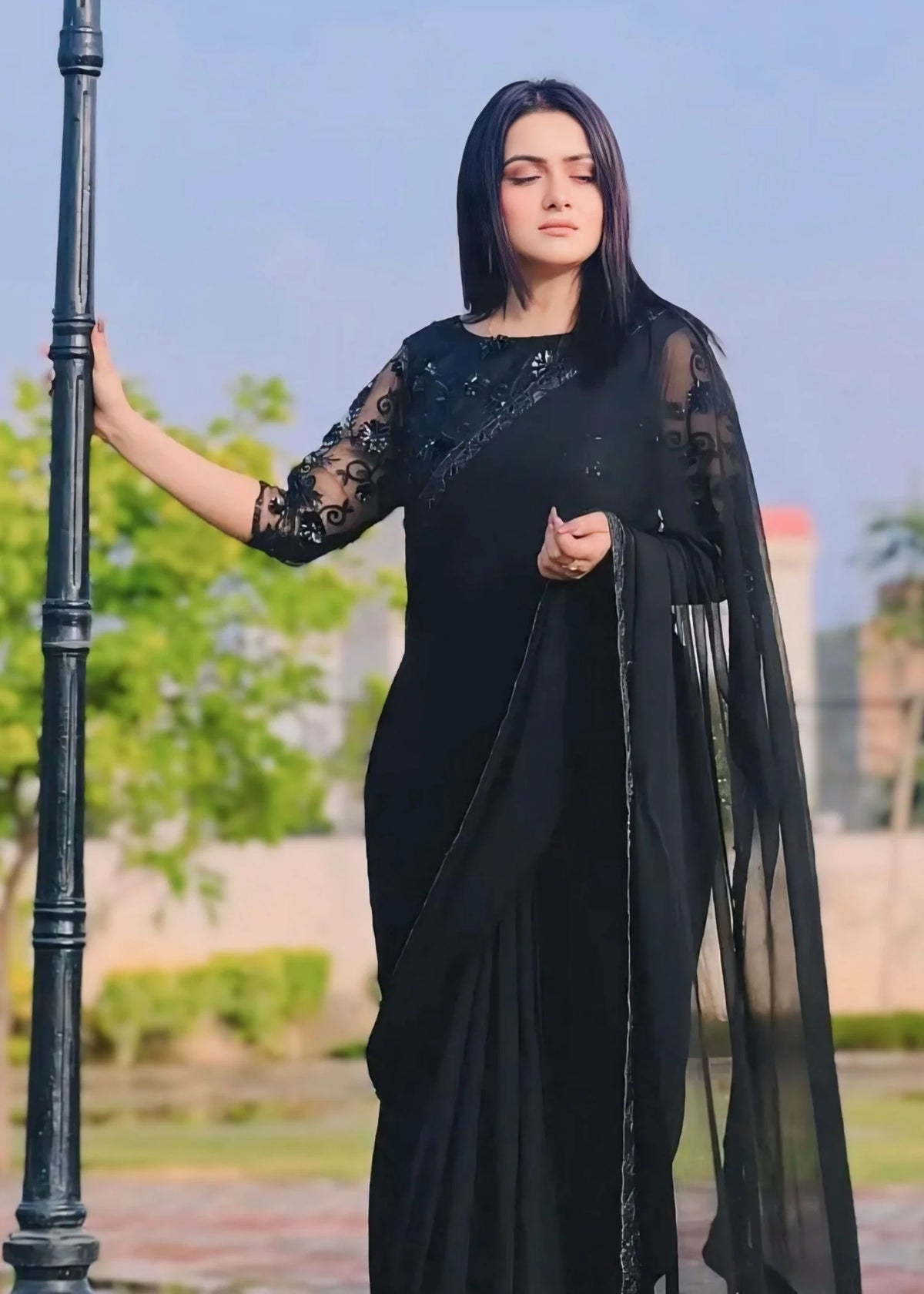 Alef Black Chiffon Saree with Embroidered Net Blouse