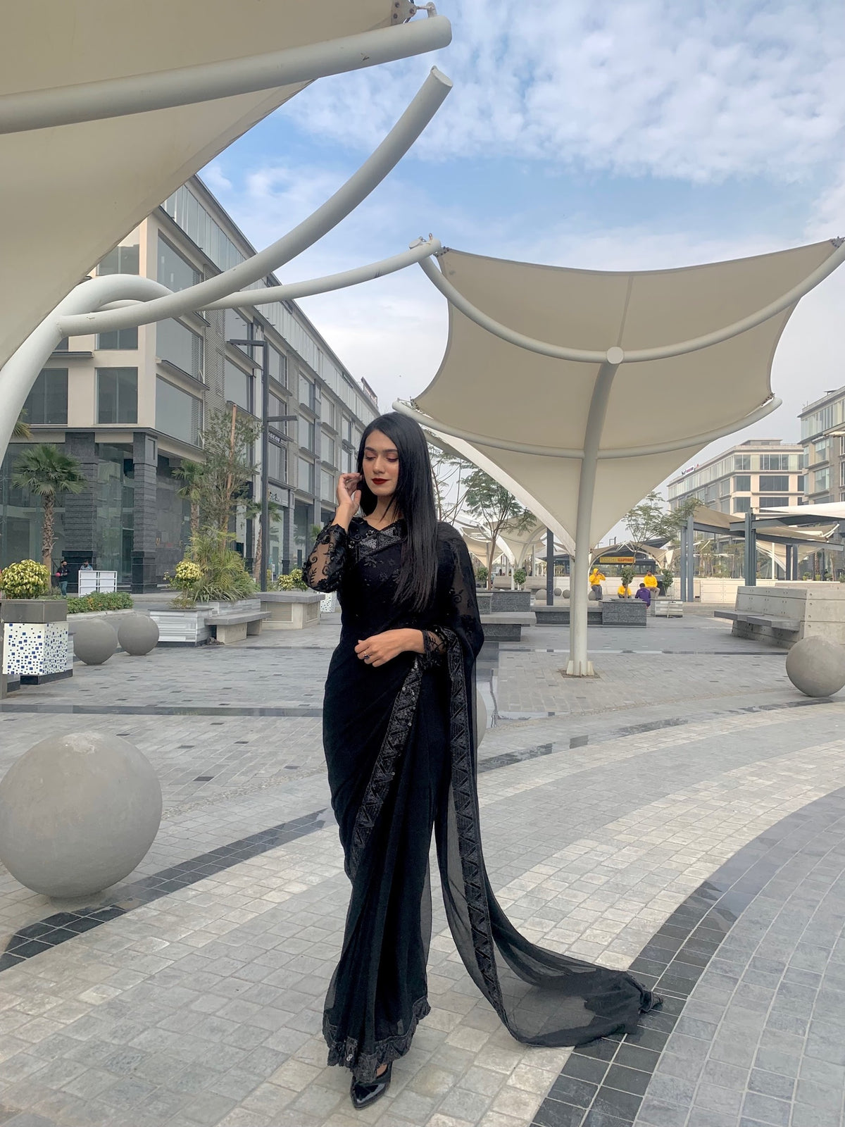 Alef Black Chiffon Saree with Embroidered Net Blouse