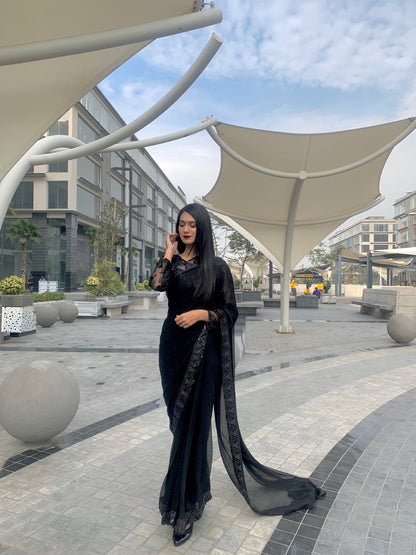 Alef Black Chiffon Saree with Embroidered Net Blouse